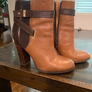 Women's Tan Leather Ankle Heeled Boots with Dark Brown Trim